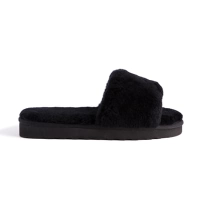 Aus Wooli Australia Womens Schapenvacht Fluff Slippers Zwart