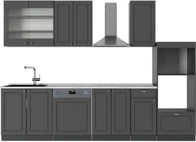 Vicco Fame-Line Complete keukeneenheid – 300 cm met hoge kast, WB Marmer Anthrazit-Gold Landhaus