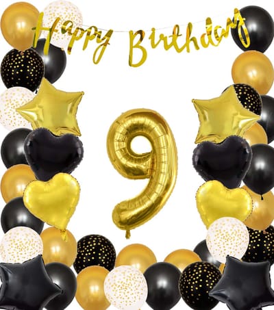Snoes Ballonnen 9 Jaar Black Gold Dots Mega Ballon - Compleet Feestpakket Goud Zwart Stippen Cijferballon 9 - Verjaardag Versiering DIY Slinger Happy Birthday – Folieballon – Latex Ballonnen - Helium Ballonnen