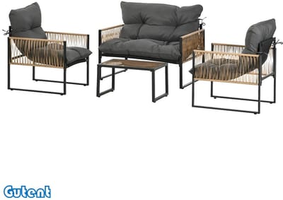 Gutent Tuinmeubelset - 4-Delig - 2 Stoelen - Tafel met Glazen Bovenblad - Metalen Frame - Poly Rotan - Antraciet Grijs