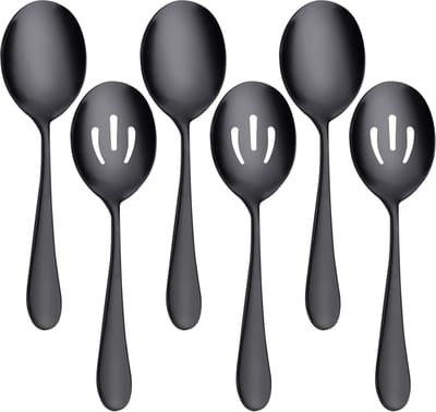 6 stuks - lepelset - 3 opscheplepels - 3 lepels met sleuven - zwarte roestvrijstalen buffet lepels - roestvrijstalen servies - zwart