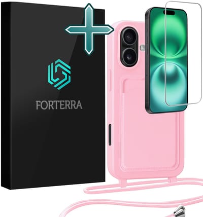 Hoesje Geschikt voor iPhone 16 Plus Pashouder Case Siliconen Hoes Met Koord Met Screenprotector - Hoes Geschikt voor iPhone 16 Plus Met Telefoonkoord Hoesje Back Cover Met Pasjeshouder - Lichtroze
