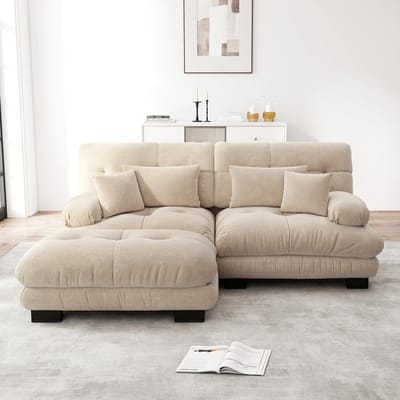 Cloud Ecksofa voor woonkamer, Chenille hoekbank met 2 lendenkussens en 2 decoratieve kussens, gepolst bank met brede armleuningen en ottomane, Chenille lichtbruin