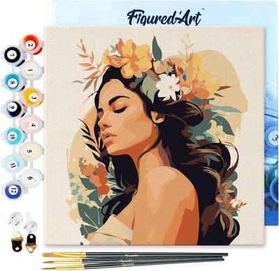 Figured'Art Mini Schilderen op Nummer Volwassenen 20x20cm met lijst Vrouw met bloemen haarband - Klein Formaat Creatieve Hobby Kit DIY Art Nummer Compleet