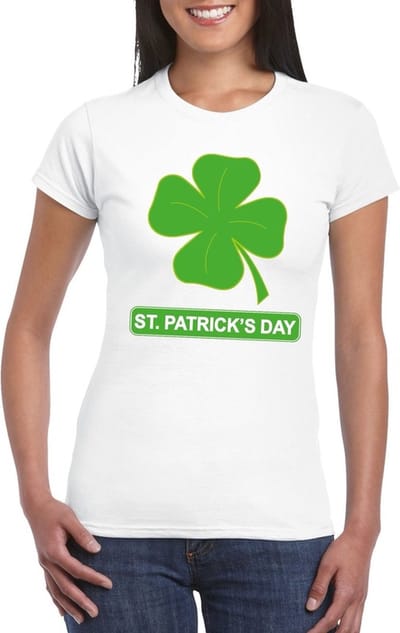 St. Patricksday t-shirt - klavertje vier - wit - voor dames - St Patrick's day kleding S