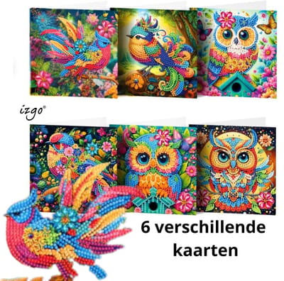 IZGO Diamond Painting Kaarten – 6 Wenskaarten met envelop - Zonder Tekst - Volwassenen – Volledig Hobby Pakket - Diamant schilderen - Kleurrijke vogels