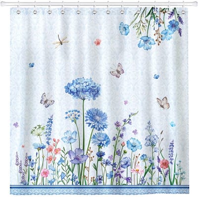 Ibenzoa® Stijlvol blauw bloemen douchegordijn met waterafstotend polyester en ringen