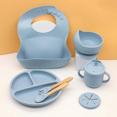Set de table en silicone pour bébé 7 pièces, bavoir, assiette, bol avec ventouse, gobelet 2-en-1, gobelet à snacks, cuillère et fourchette en bois