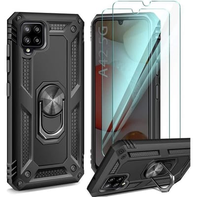 TELEFOONHOESJE ivencase Hoesje voor Samsung Galaxy A42 5G + [2 Stuks] Gehard Glas, met Roterende Ring Standhouder 702