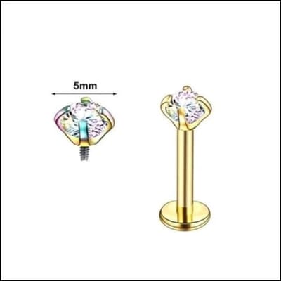 Aramat Jewels | Piercings | RVS Labret Piercing met Ronde Zirkonia 6x1.2mm - Helix Tragus Stud | Goudkleurig / 5mm / AB Transparant | |3mm | Staal | Volwassenen | Verkleurd niet