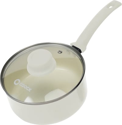 COOCK Steelpan met deksel Inductie - 2500ml - Speciale Anti-Aanbak Coating - Sauspan met Ergonomische Koudgrepen - Gerecycled Aluminium - Wit - Inclusief E-book