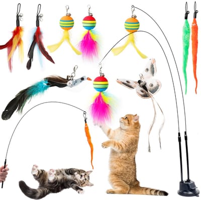 Namajunas - Kattenspeelgoed met zuignap en bel - Interactieve knuffel - Kattenhengel met veer - Kattenspeeltjes - Kattenspeelgoed met vogeltjes en vlinders