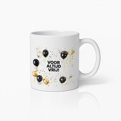 "Mok Voor Altijd Vrij" met Zwarte en Gouden Ballonnen – Feestelijke Koffiebeker voor Vrijheid en Onafhankelijkheid