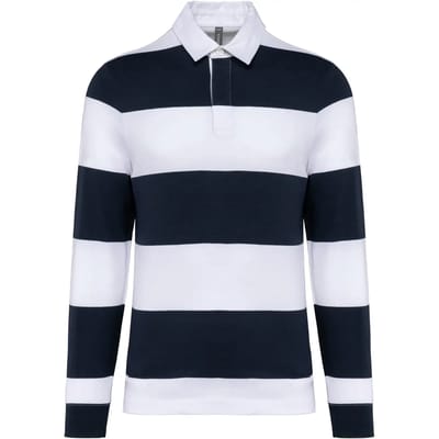 Gestreepte unisex polo lange mouwen merk Kariban maat XXL Donkerblauw/Wit