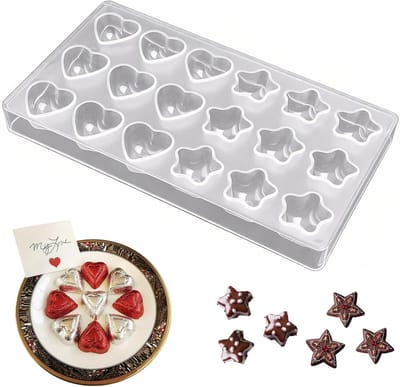 Chocoladevormen, hartvormige chocoladevormen, chocoladevormen in verschillende vormen, stervormige chocoladevormen, perfect voor het decoreren van taarten en knutselprojecten.