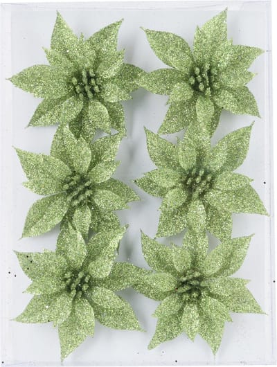 6x stuks decoratie bloemen rozen groen glitter op ijzerdraad 8 cm - Decoratiebloemen/kerstboomversiering/kerstversiering