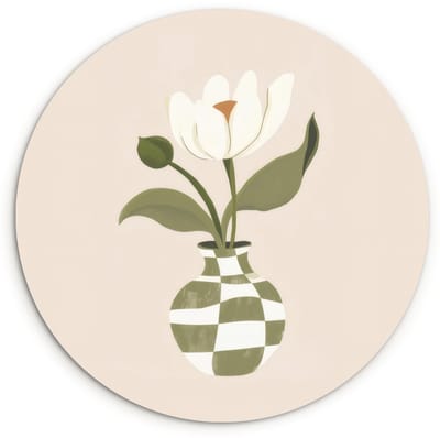 WallCircle® Wandcirkel 120x120 cm - Muurcirkel Vaas - Geruit - Bloem - Groen - Muurdecoratie woonkamer - Wanddecoratie slaapkamer - Kamer decoratie accessoires - Ronde schilderijen XXL