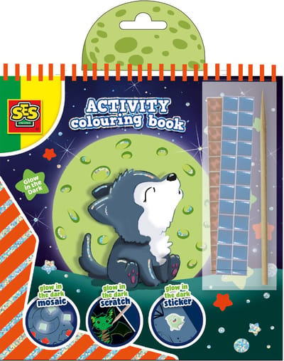SES Creative- Doe kleurboek glow in the dark 3 in 1 - scratch, stickers en kleurplaten - met scratch pen – kleurboek voor kinderen