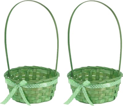 Excellent Houseware Rieten mandje met hengsel - 2x - groen - 21 x 39 cm - Opbergen - Paaseieren mandje - gevlochten riet
