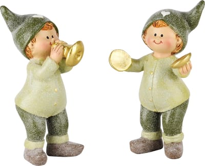 Dekoratief | Winterkindje m/simbalen/trompet, groen, resina, 7x5x12cm, set van 2 stuks | A245114