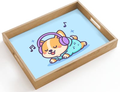 Dienblad hout 40x30 cm - Schootdienblad - Corgi - Koptelefoon - Blauw - Muzieknoten - Borrelplank rechthoek - Plateau dienbladen