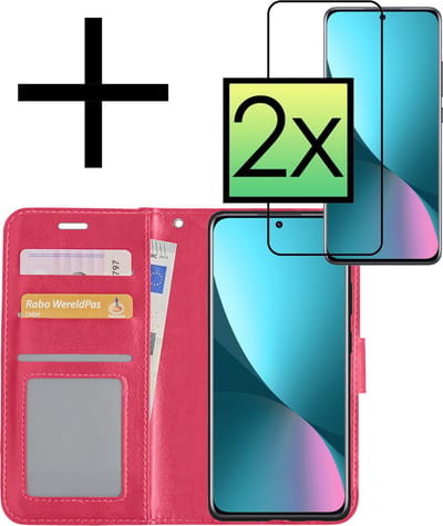 Hoesje - Met 2x Screenprotector - Geschikt voor Xiaomi 12 - Luxe Pasjeshouder - Bookcase Portemonee - Flip Case - Kunstleer Book Case - Flipcase Hoes - Book Cover - Walletcase - Portemonneehoes - Donkerroze