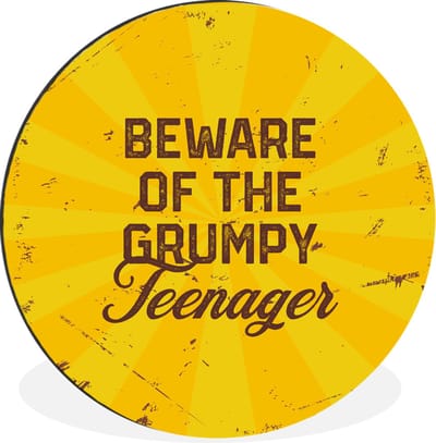 WallCircle - Wandcirkel - Muurcirkel - Kinderen - Spreuken - Goud - Beware of the grumpy teenager - Aluminium - Dibond - 30x30 cm - Binnen en Buiten