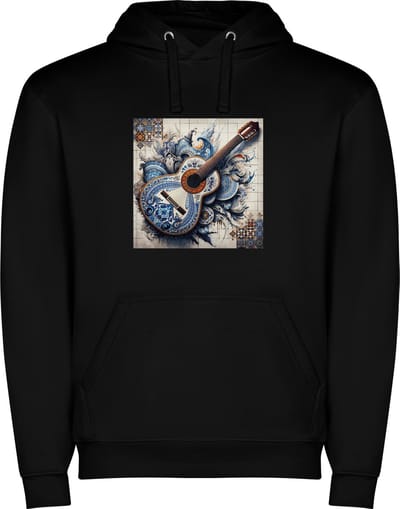 Zwarte unisex hoodie met “ Kleurrijke Gitaar – Muziekinstrument – Muziek – Zon “ Print Full Color Color merk Roly maat S