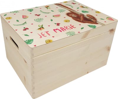 World of Mies memorybox aap met naam - Houten herinneringskist 30 x 40 x 23 cm - met handvaten - hoogwaardige kleurenprint in het hout - handgeschilderd design door Mies