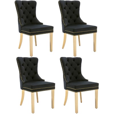 YEHTOKHOME Set van 4 Fluwelen eetkamerstoelen, Keukenstoel woonkamerstoel met deurklopper, Gestoffeerde stoel met klinknagels, Eetkamerstoel in vintage stijl, Gouden metalen poten, Zwart, b 51 x d 65.5 x h 95 cm
