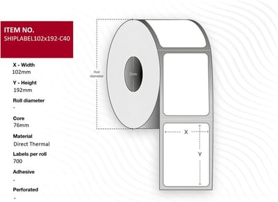 Verzendlabel 102 x 192mm, Kern 76mm. Direct Thermisch, 700 labels per rol, 4 rollen per doos. Ideaal voor PostNord, DB Schenker en UPS pakketten