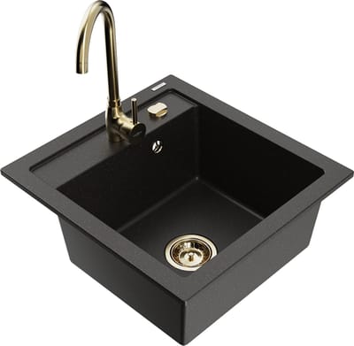 Mexen Vito granieten gootsteen met 1 kom en Telma keukenkraan, zwart/goud metallic - 6503-75-670200-50