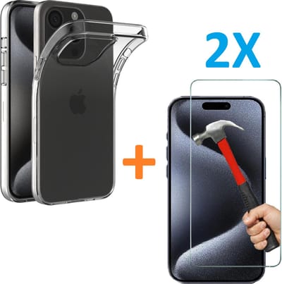 Soft TPU Transparant hoesje Silicone Case + 2 stuks Glas Screenprotector - Geschikt voor: iPhone 15 Pro