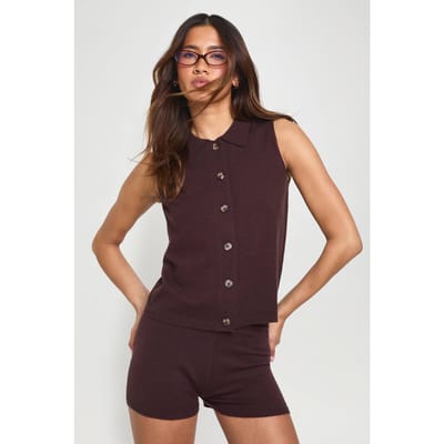 boohoo Dames Gebreide Gilet Met Kraag En Gebreide Short Set | Chocoladebruin | Maat: Small