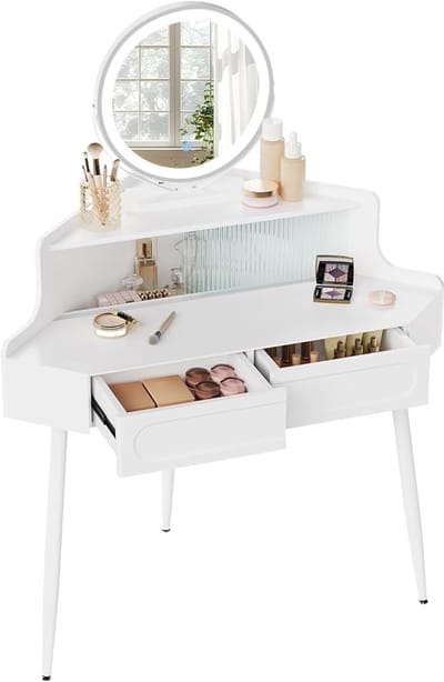Make-uptafel met LED-spiegel, glasplaat en stopcontact – 110 x 40 x 140 cm – Moderne kaptafel met 3 laden, dimbare verlichting, ribbel design en kristallen handgrepen – Witte visagietafel met opber...