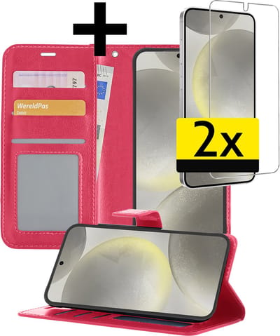 Hoesje - Met 2x Screenprotector - Geschikt voor Samsung Galaxy S24 - Luxe Pasjeshouder - Bookcase Portemonee - Flip Case - Kunstleer Book Case - Flipcase Hoes - Book Cover - Walletcase - Portemonneehoes - Telefoonhoesjes - Donkerroze