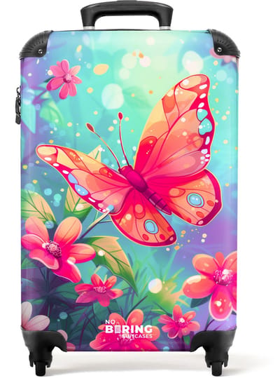 NoBoringSuitcases.com® - Kinderkoffer - Kindertrolley - Vlinder - Bloemen - Handbagage koffer lichtgewicht - Reiskoffer trolley - Rolkoffer met wieltjes - Past binnen 55x40x20 en 55x35x25