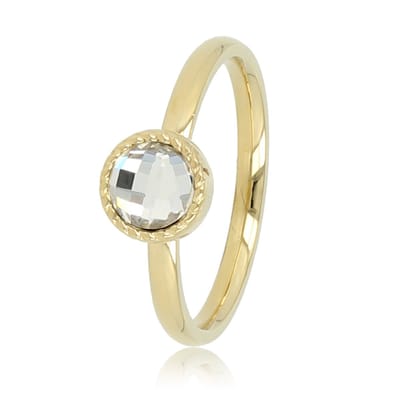 My Bendel - Goudkleurige Ring met Kristal Glassteen - Ring met Ronde Glassteen & Getwist Randje • Kristal • Goudkleurig - met Luxe Cadeauverpakking | Sieraden Voor Dames | Maat 16.00 Mm / Maat 50