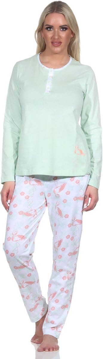 Elegante damespyjama met lange mouwen met flamingomotief en knoopsluiting bij de hals