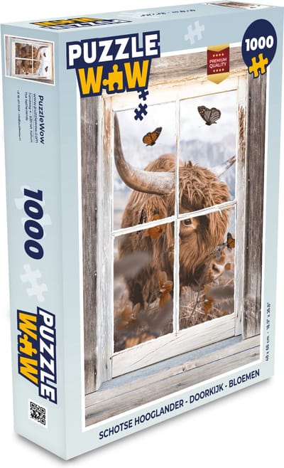 Puzzel Schotse hooglander - Doorkijk - Bloemen - Legpuzzel - Puzzel 1000 stukjes volwassenen
