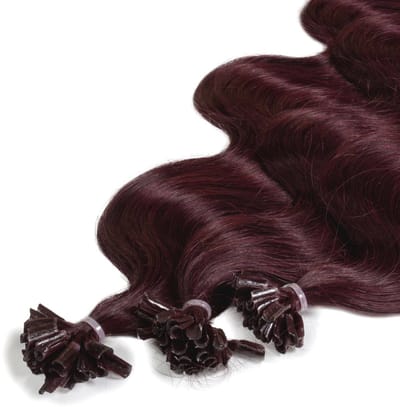 hair2heart Premium Extensions Echt Haar Bondings Gegolfd - 25 Strengen 0,8 g 40 cm 55/66 Lichtbruin Intensief Violet-Mahonie