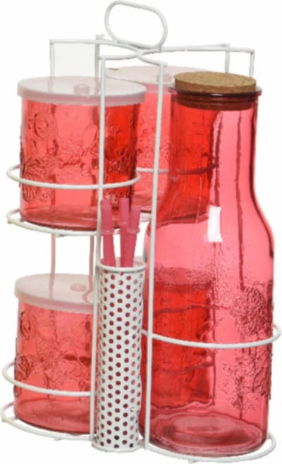 Rode karaf/sapkan/schenkkan 1 liter met 4 mason jars en rietjes - Drinkset - Mason Jars