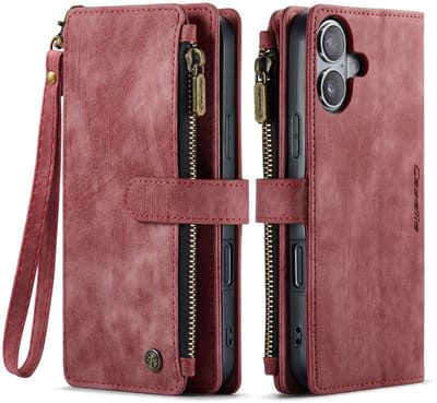 CaseMe C30 Hoesje Geschikt voor Apple iPhone 17 | Wallet Zipper Book Case met Pasjeshouder | Beschermhoes met Portemonnee | Rood