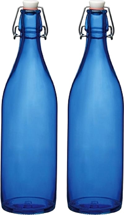 Bormioli rocco waterfles met beugeldop - 2x stuks - blauw transparant - 1000 ml - Giara home deco fles - weckflessen