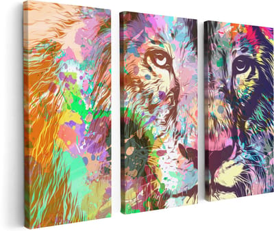 Artaza Canvas Schilderij Drieluik Gekleurde Leeuw - Abstract - 120x80 cm - Wanddecoratie Woonkamer - Schilderijen - Muurdecoratie