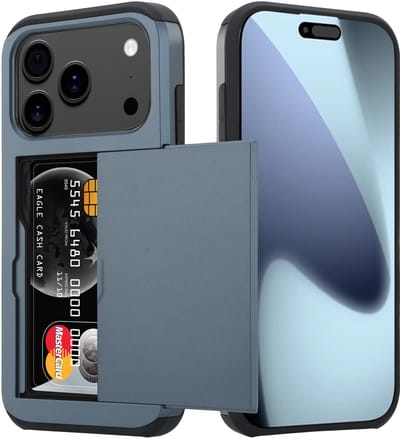 ShieldCase kaarthouder case met slider geschikt voor iPhone 17 Pro (donkerblauw) – stevig hoesje met pasjeshouder, premium bescherming en strak design