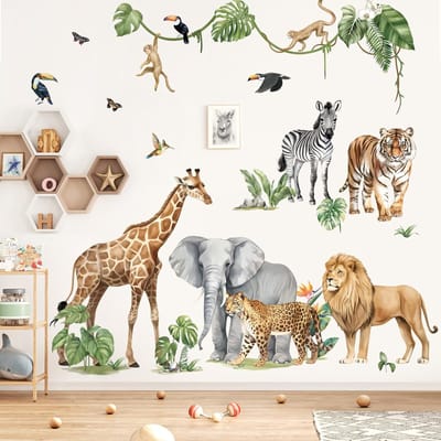 Dailygoody - Muurstickers - Jungle Dieren - Decoratie voor Kinderkamer - Grote Safari - Wanddecoratie - Kleurrijk - Geschikt voor Kinderen - Diverse d
