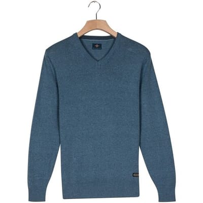 Baileys Trui V-Neck Cotton Allover Fine Texture Two-Tone Denim Blue / male