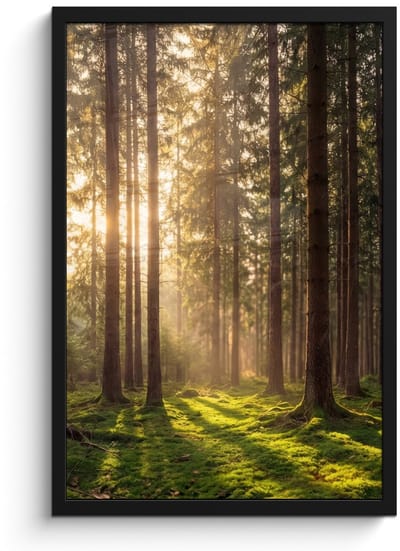 Poster in lijst - Fotolijst 40x60 cm - Posters - Bos - Gras - Zonlicht - Posterlijst zwart - Decoratie - Wanddecoratie woonkamer - Muurdecoratie slaapkamer