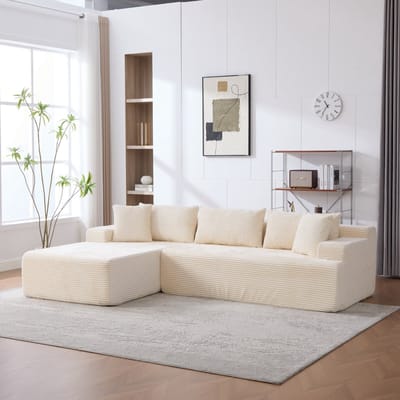 Modulaire compressiebank met chaise longue - Beige Chenille stof - Wolkachtig comfort - Gevuld met 30D hoog-elastisch schuim, antislipbodem, inclusief kussen - Geschikt voor woonkamer, slaapkamer en thuiskantoor